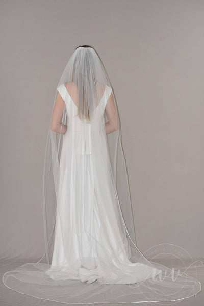 Cathedral Veil with 1/8 Satin Ribbon Trim |  White / 108 Inches