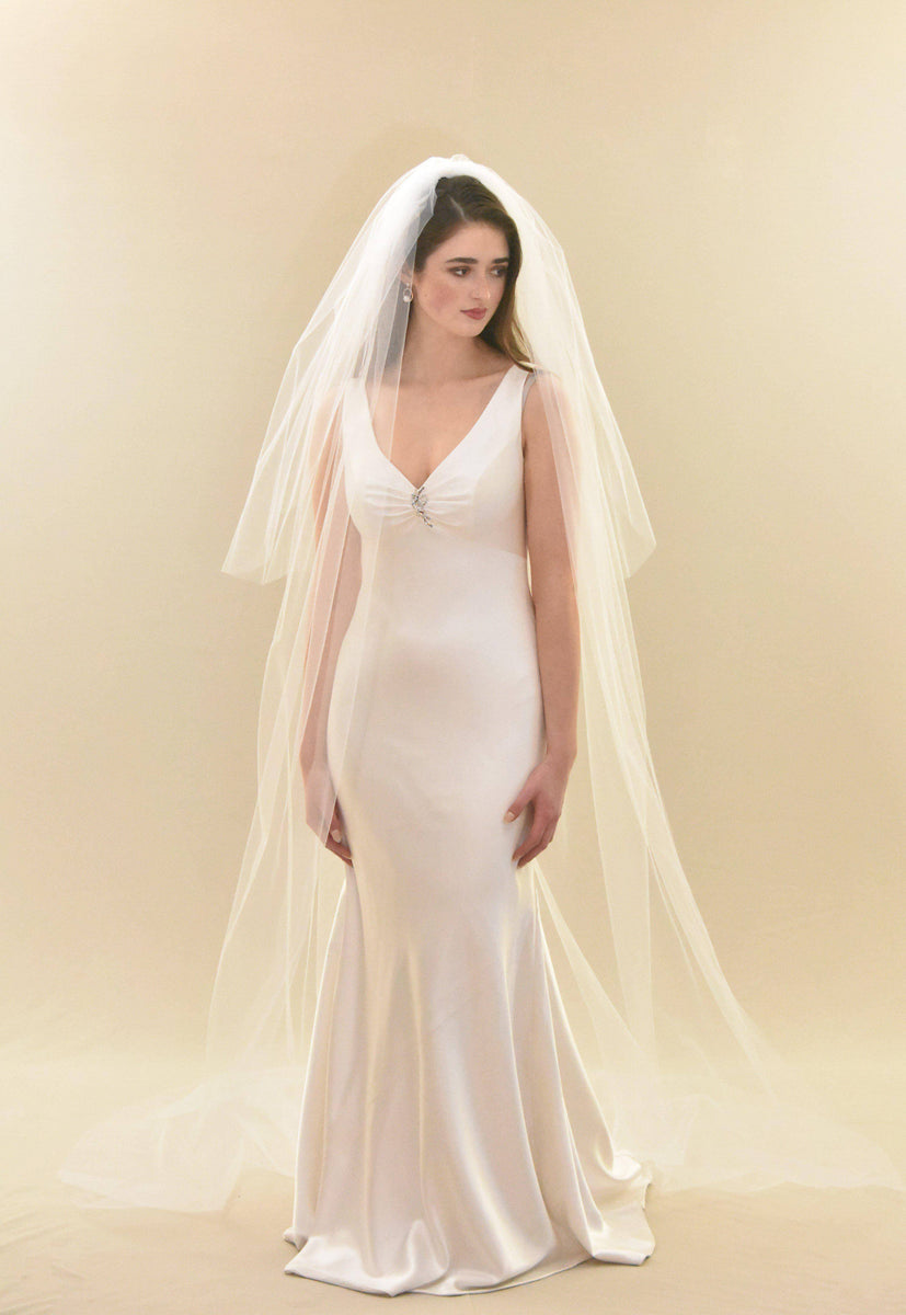 blush veil with ivory dress Blush dress, white veil?