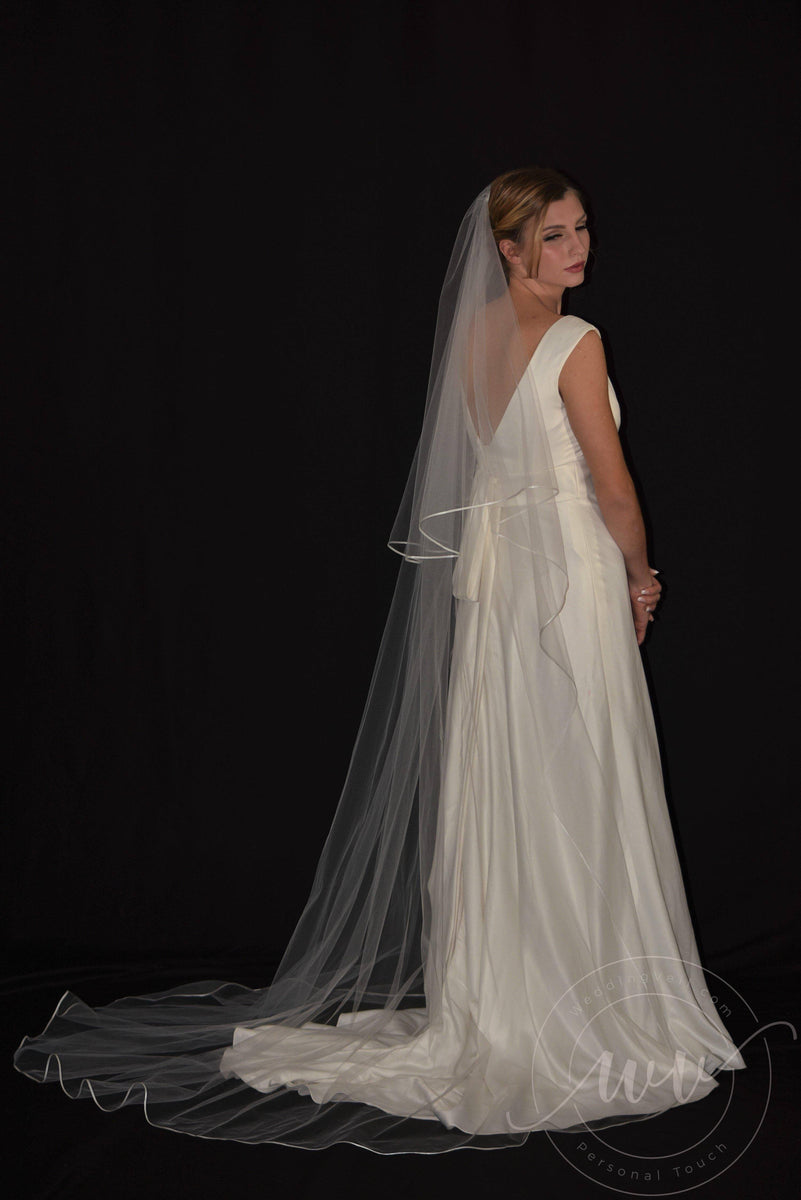 Two Tier Cathedral Veil with 1/8 Thin Satin Ribbon Trim |  White / Chapel 30/90 Inches