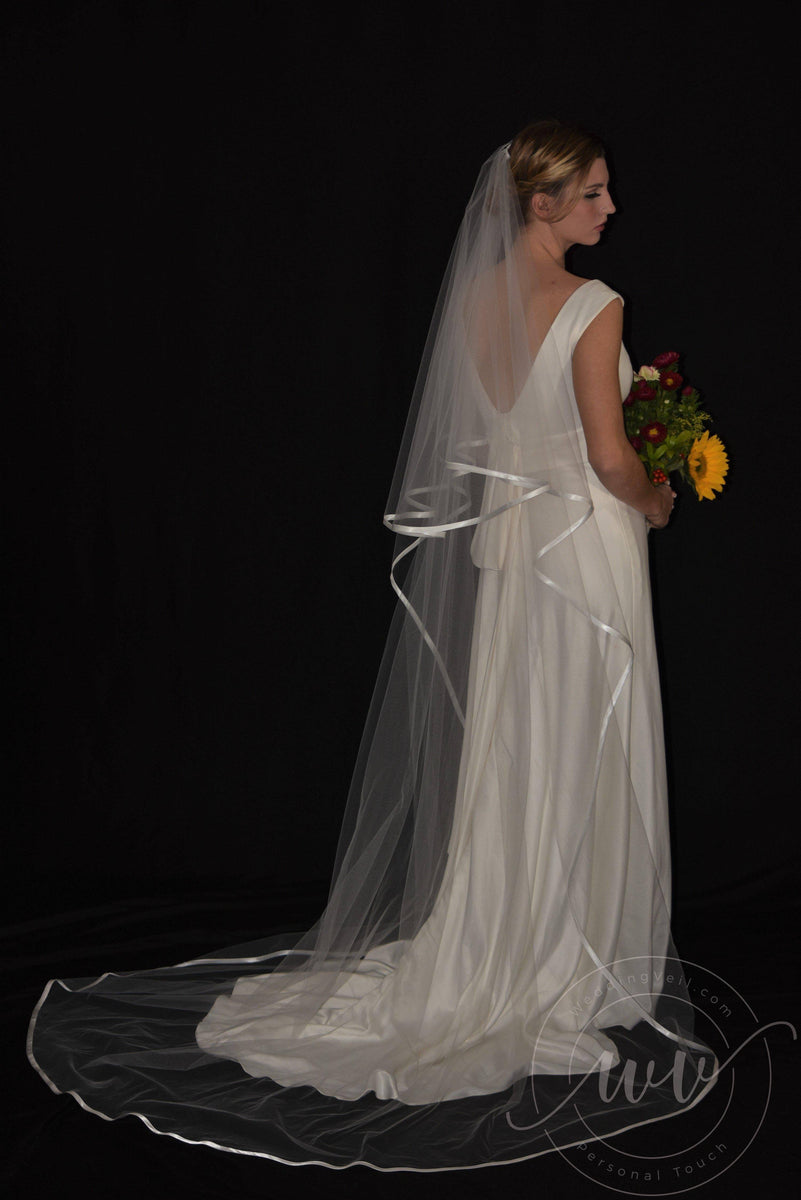 Two Tier Cathedral Veil with 1/8 Thin Satin Ribbon Trim |  White / Chapel 30/90 Inches