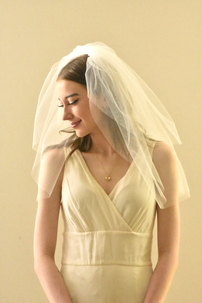 Modern Two Tier Short Wedding Veil with Blusher - WeddingVeil.com