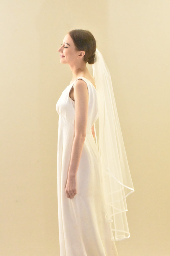 Angel Cut Mid Length Veil with Satin Ribbon Edge - WeddingVeil.com