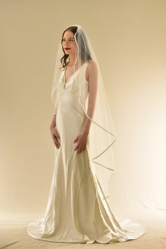 Waltz Length Angel Cut Veil with Satin Trim - WeddingVeil.com