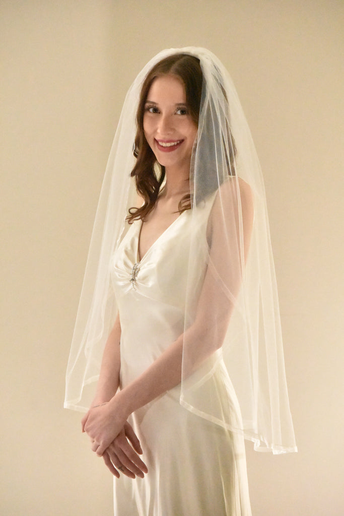 Mid Length Veil with 3/8" Organza Ribbon Trim - WeddingVeil.com