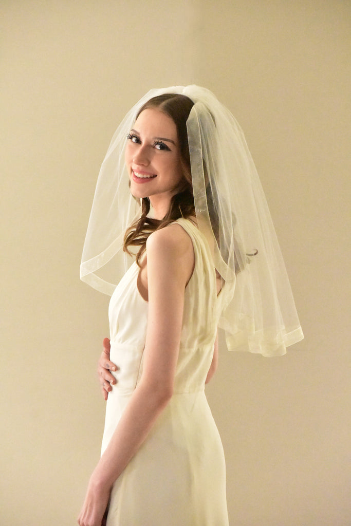 Short Wedding Veil with Organza Ribbon Edge - WeddingVeil.com