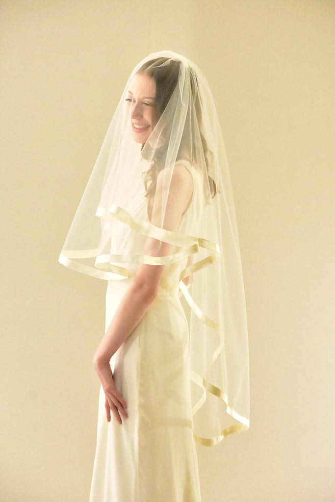 Two Tier Fingertip Veil with Wide Stain Ribbon Trim - WeddingVeil.com