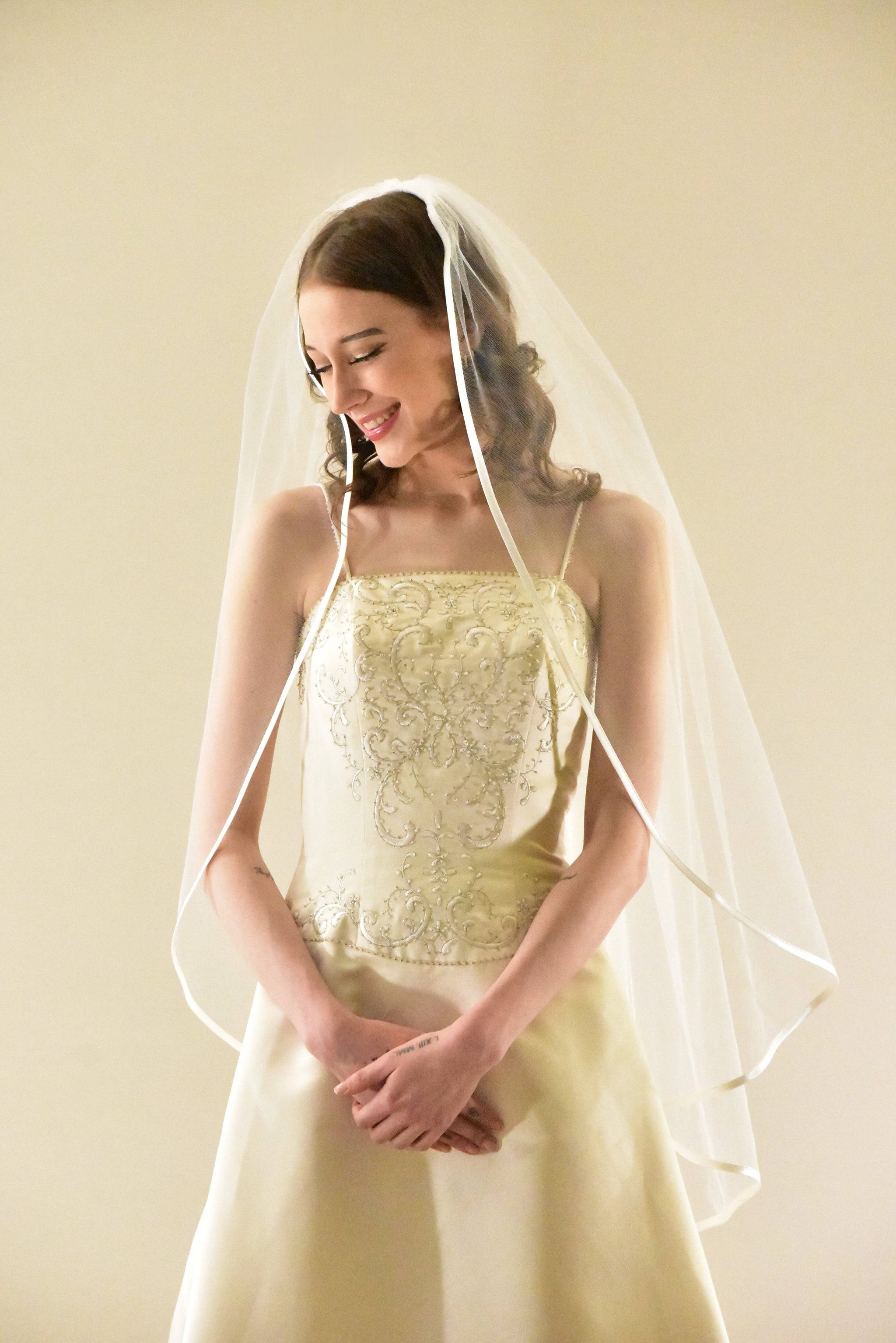 Angel Cut Knee Length Wedding Veil with Champagne Satin Cord Edge Bridal Veil- Free orders Tulle Swatches