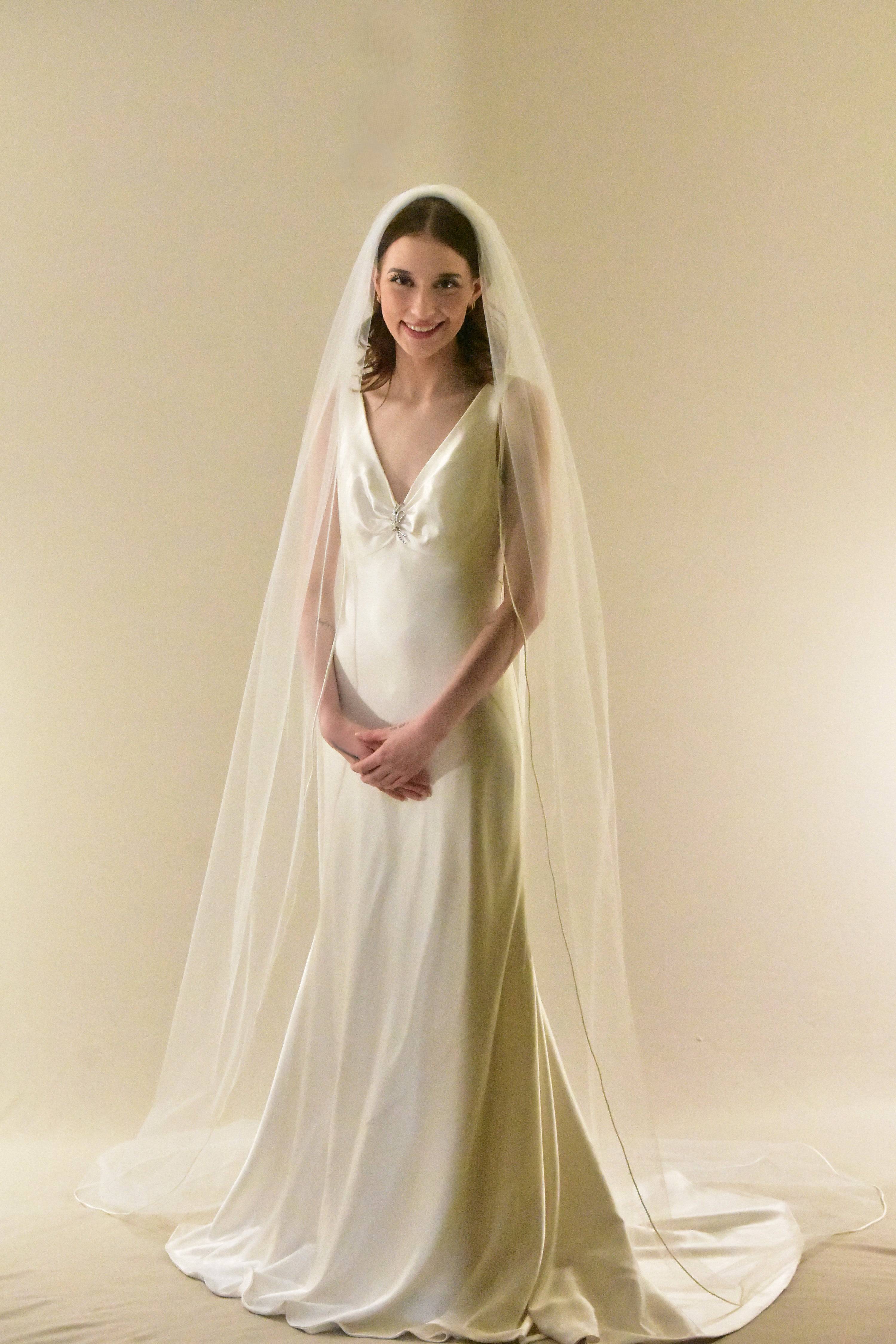 satin dress with veil Luxury Satin Finished Veil for Brides