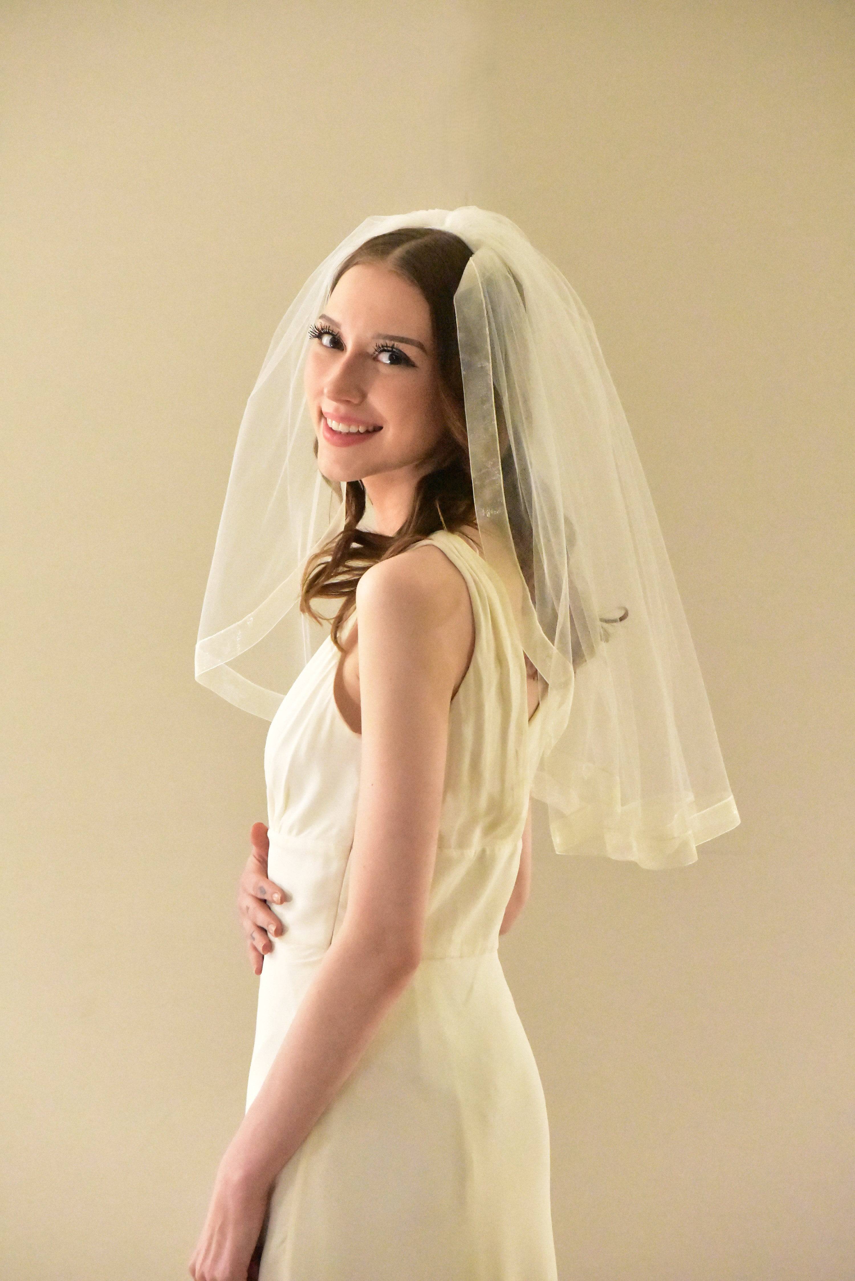 Short Wedding Veil with Organza Ribbon Edge | WeddingVeil.com
