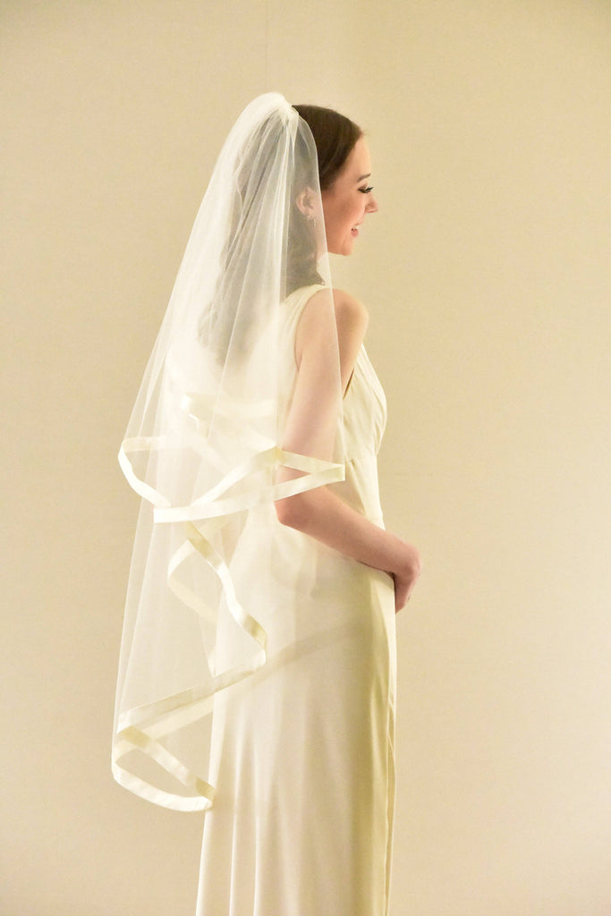 Two Tier Fingertip Veil with Wide Stain Ribbon Trim - WeddingVeil.com