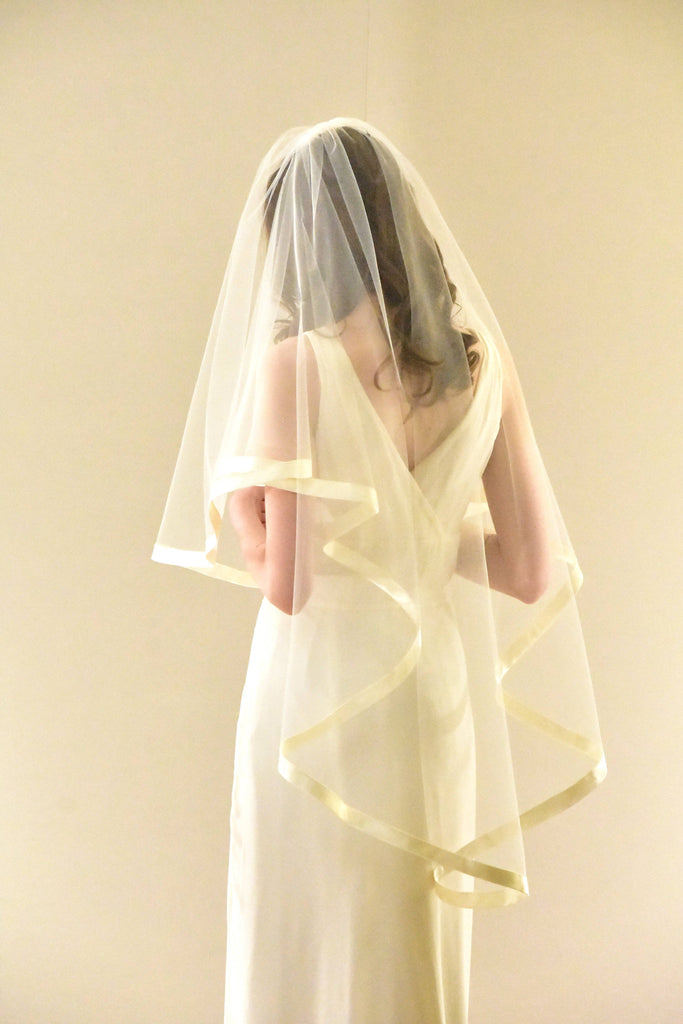 Two Tier Fingertip Veil with Wide Stain Ribbon Trim - WeddingVeil.com