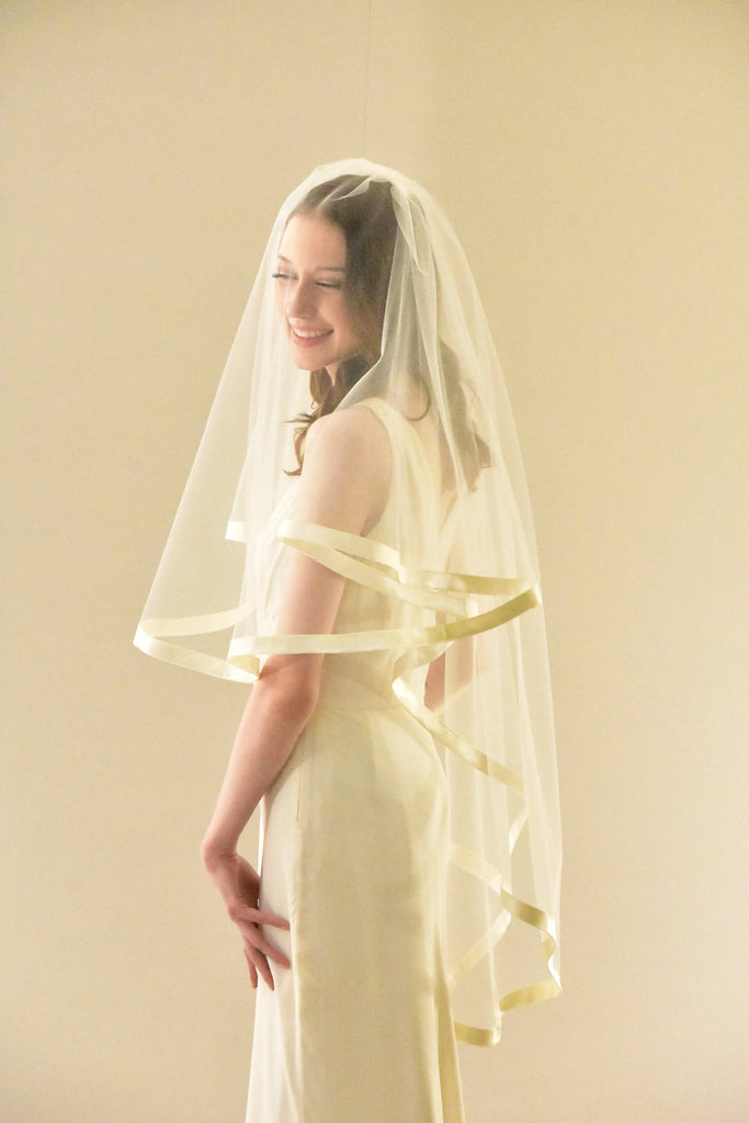 Two Tier Fingertip Veil with Wide Stain Ribbon Trim - WeddingVeil.com