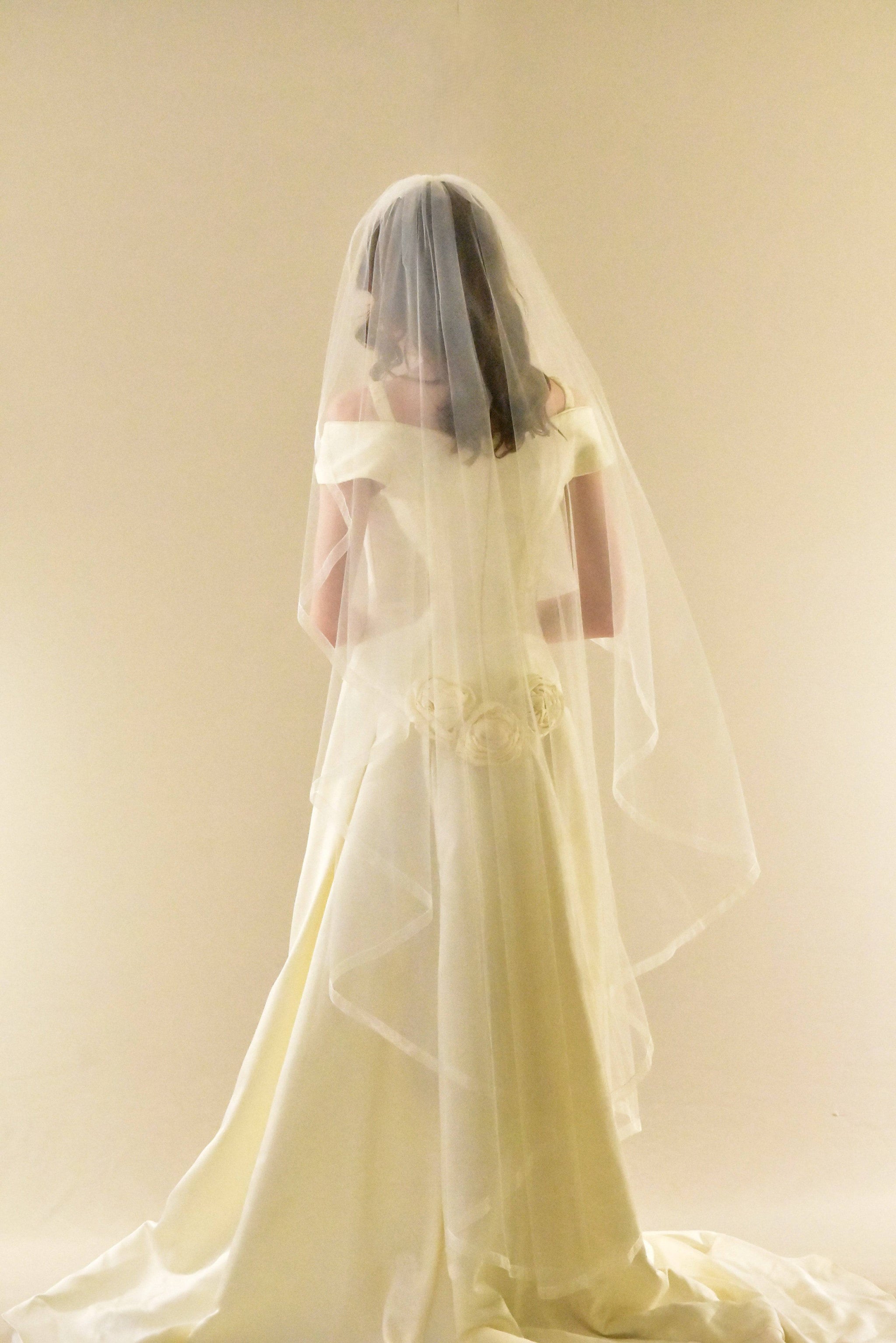 Waltz Length Cascading Veil with Organza Ribbon Edge