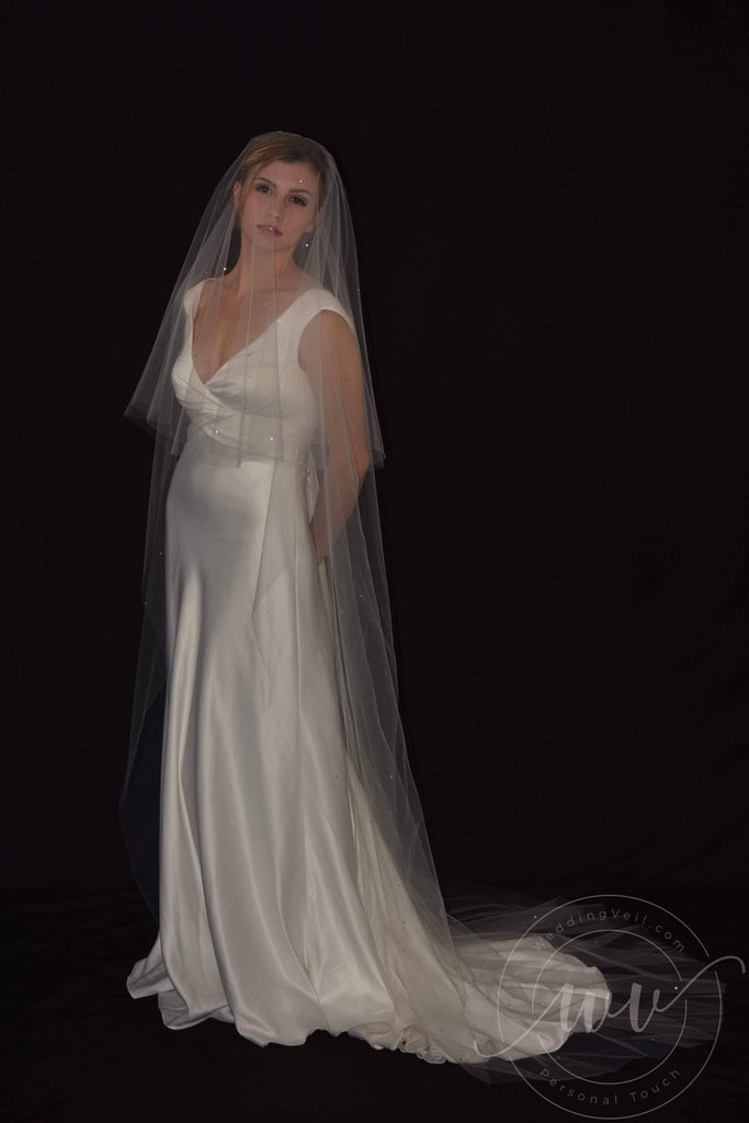 Cascading Two Tier Cathedral Crystal Veil with Blusher - WeddingVeil.com