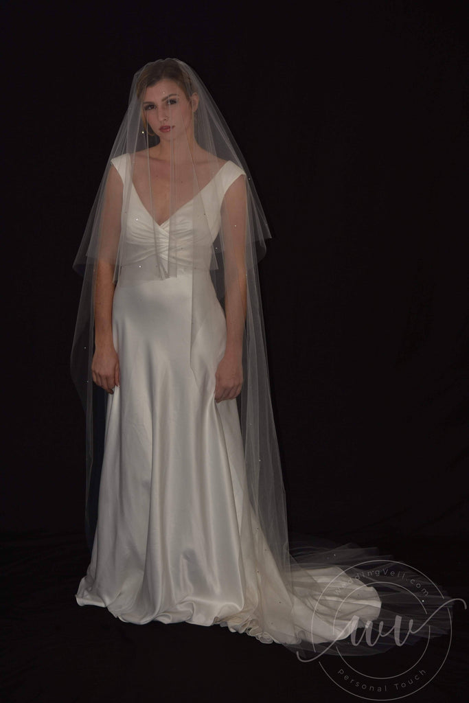 Cascading Two Tier Cathedral Crystal Veil with Blusher - WeddingVeil.com