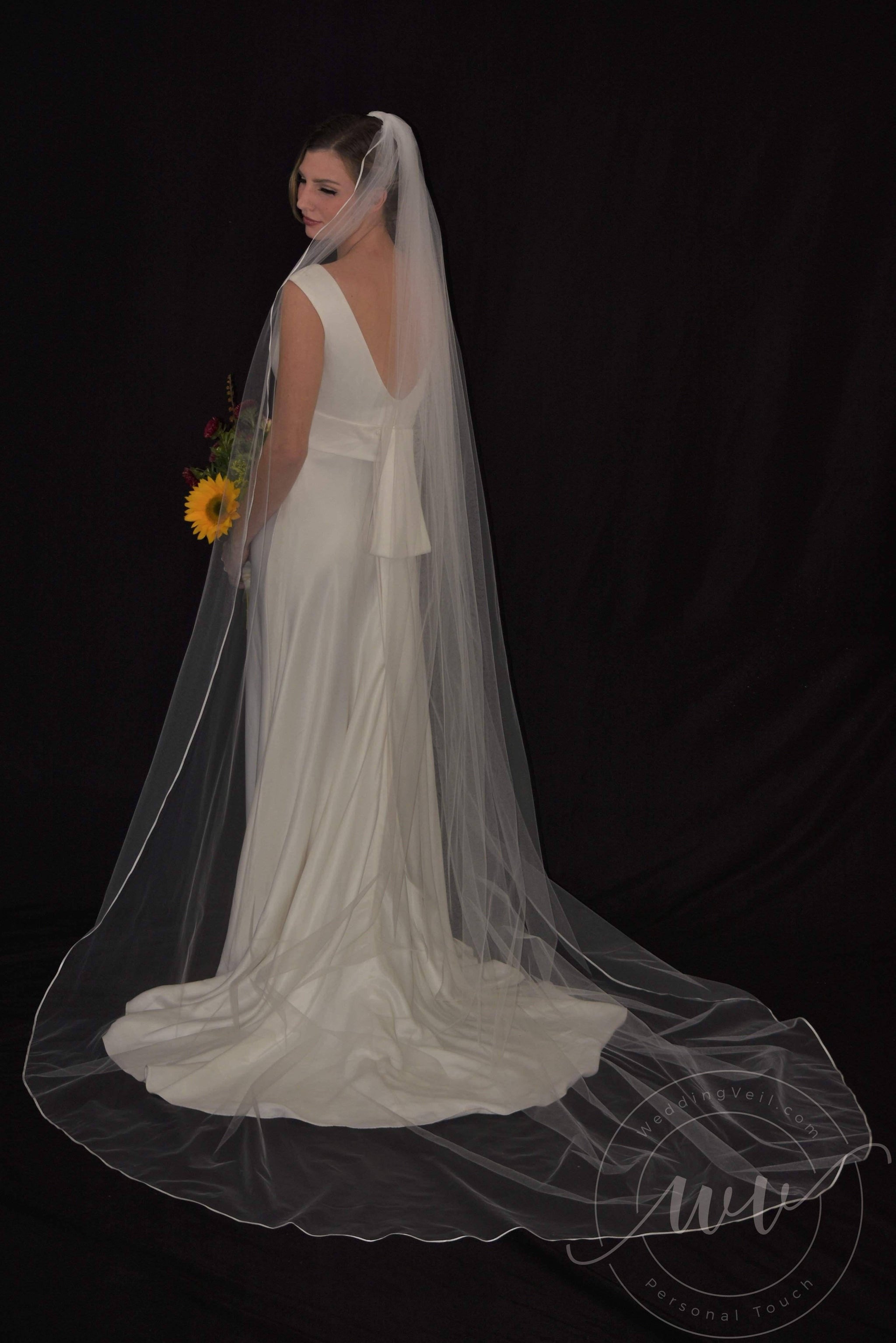 Cathedral Veil with 1/8" Satin Ribbon Trim | WeddingVeil.com White / 108 inches / 108 inches Cathedral Veil with 1/8" Satin Ribbon Trim | WeddingVeil.com White / 108 inches / 108 inches