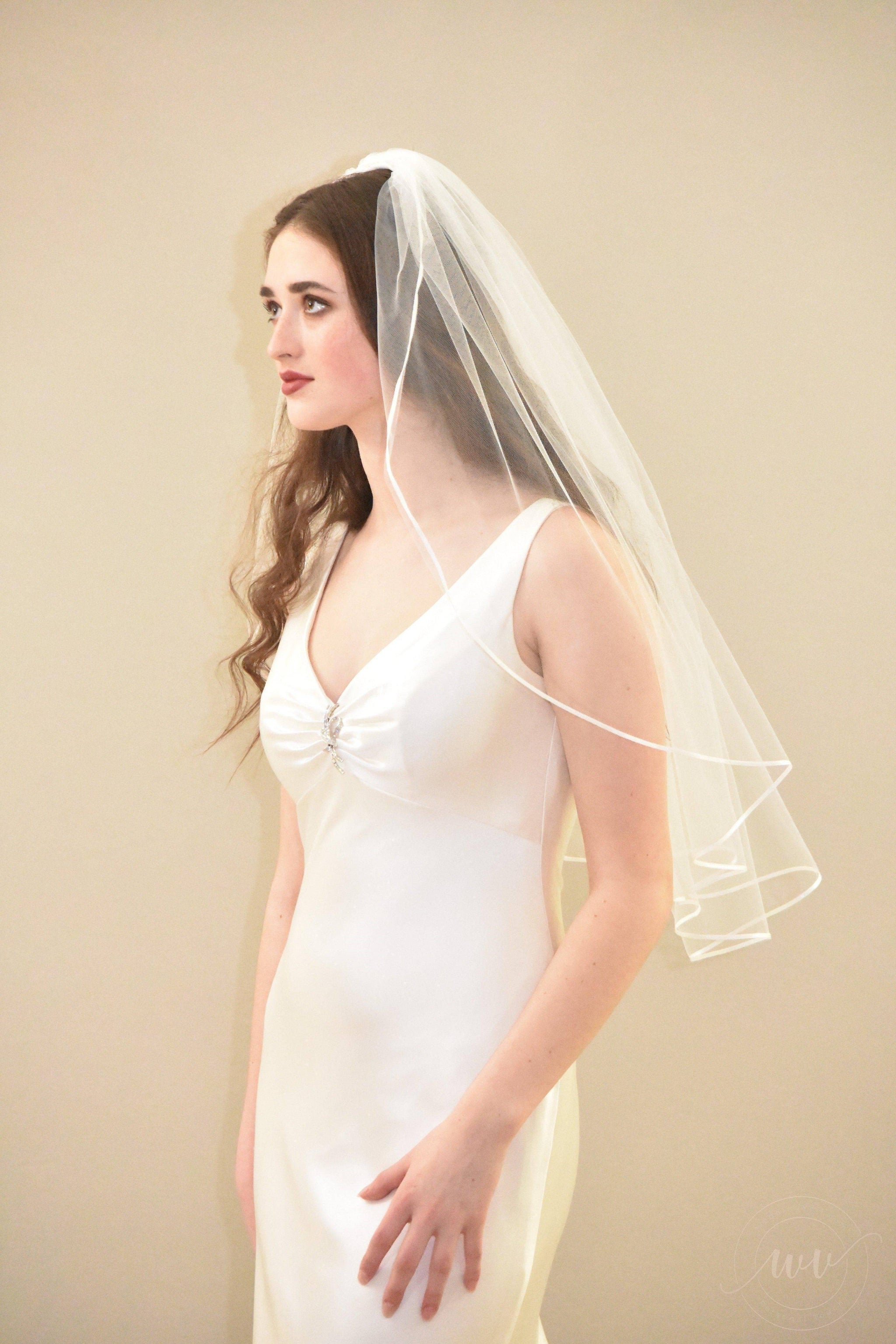 Classic Elbow Length Veil with Thin Satin Ribbon Trim 