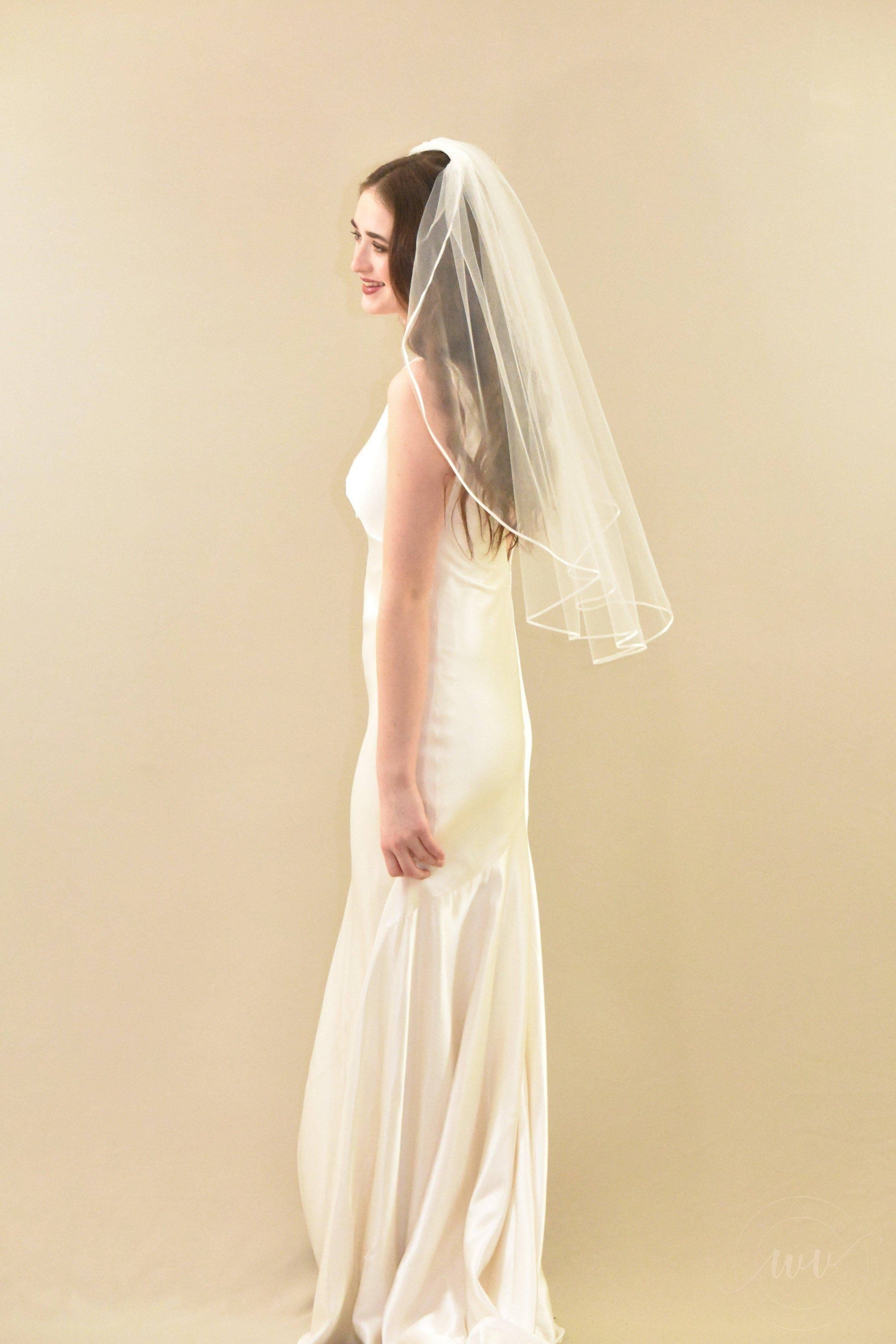 Wedding Veil Handmade Ivory Elbow-Length With Delicate Satin Ribbon Edge Bridal Accessory Eyelet Ribbon Trim Wedding Veil Handmade Ivory Elbow-Length With Delicate Satin Ribbon Edge Bridal Accessory Eyelet Ribbon Trim