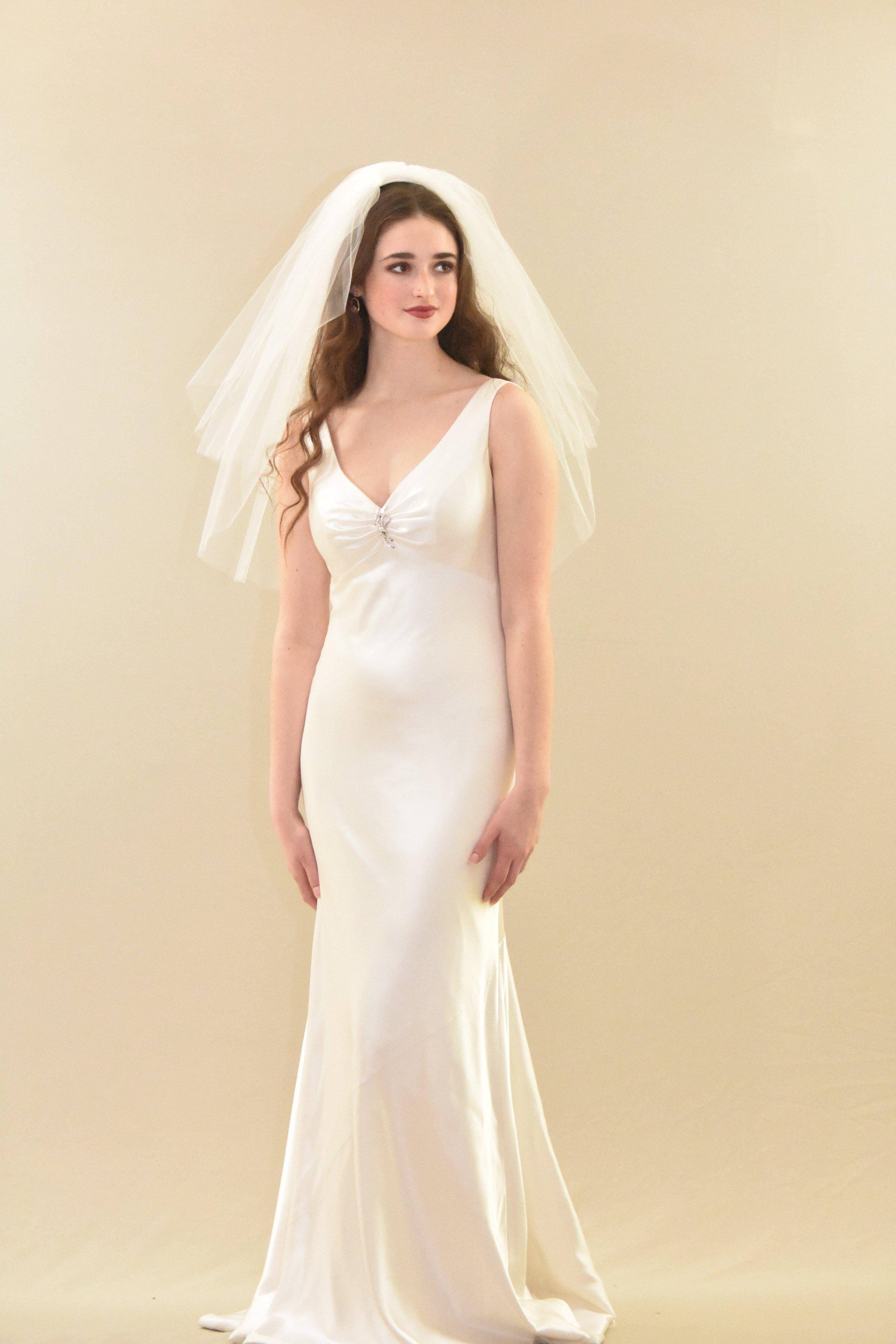 NEW Two Tier Wedding Veil with Blusher Bride Vintage Cut Edge Two Tier Short Veil | WeddingVeil.com main image 4