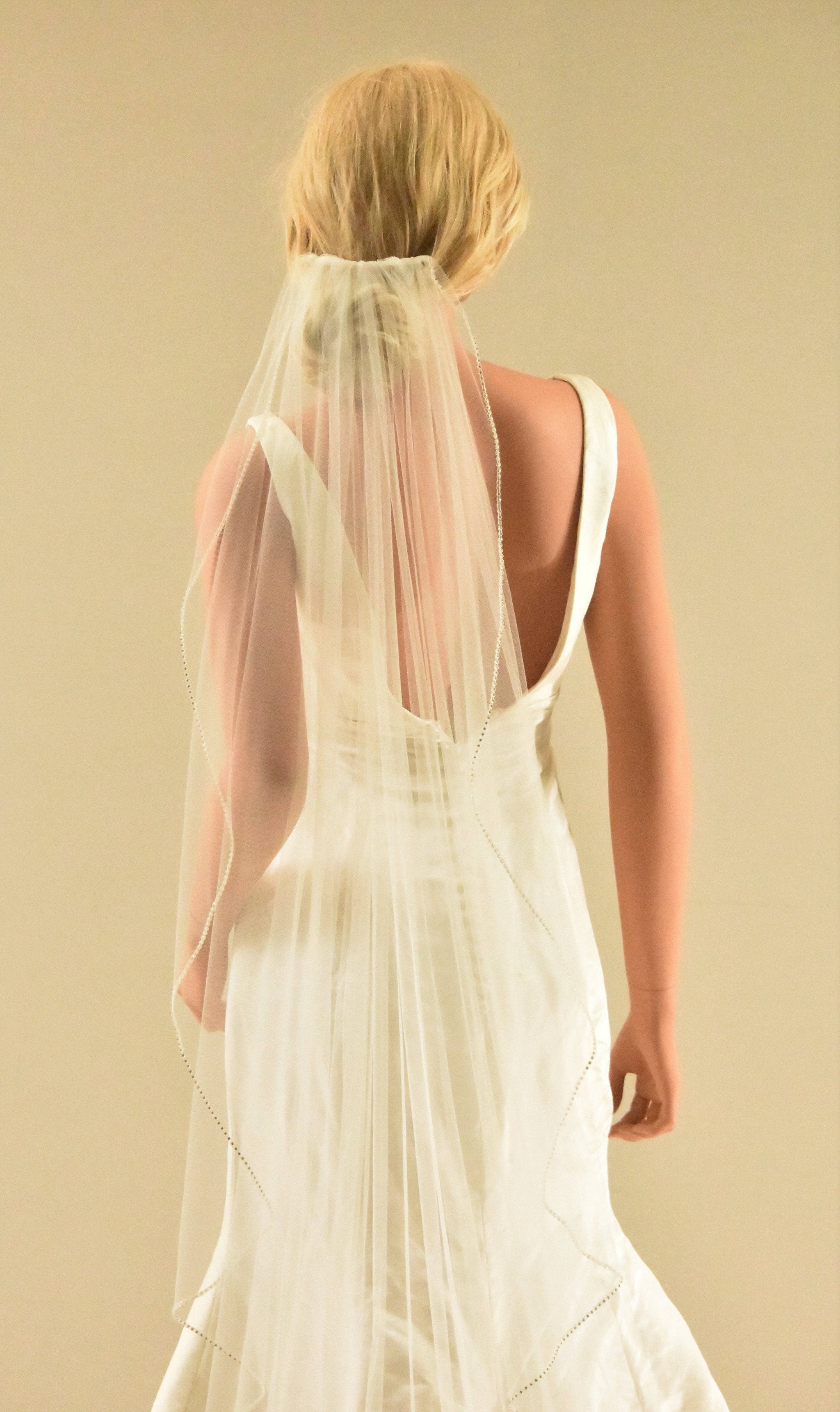 Floor Length Angel Cut Veil with Rhinestone Edge  display picture 1