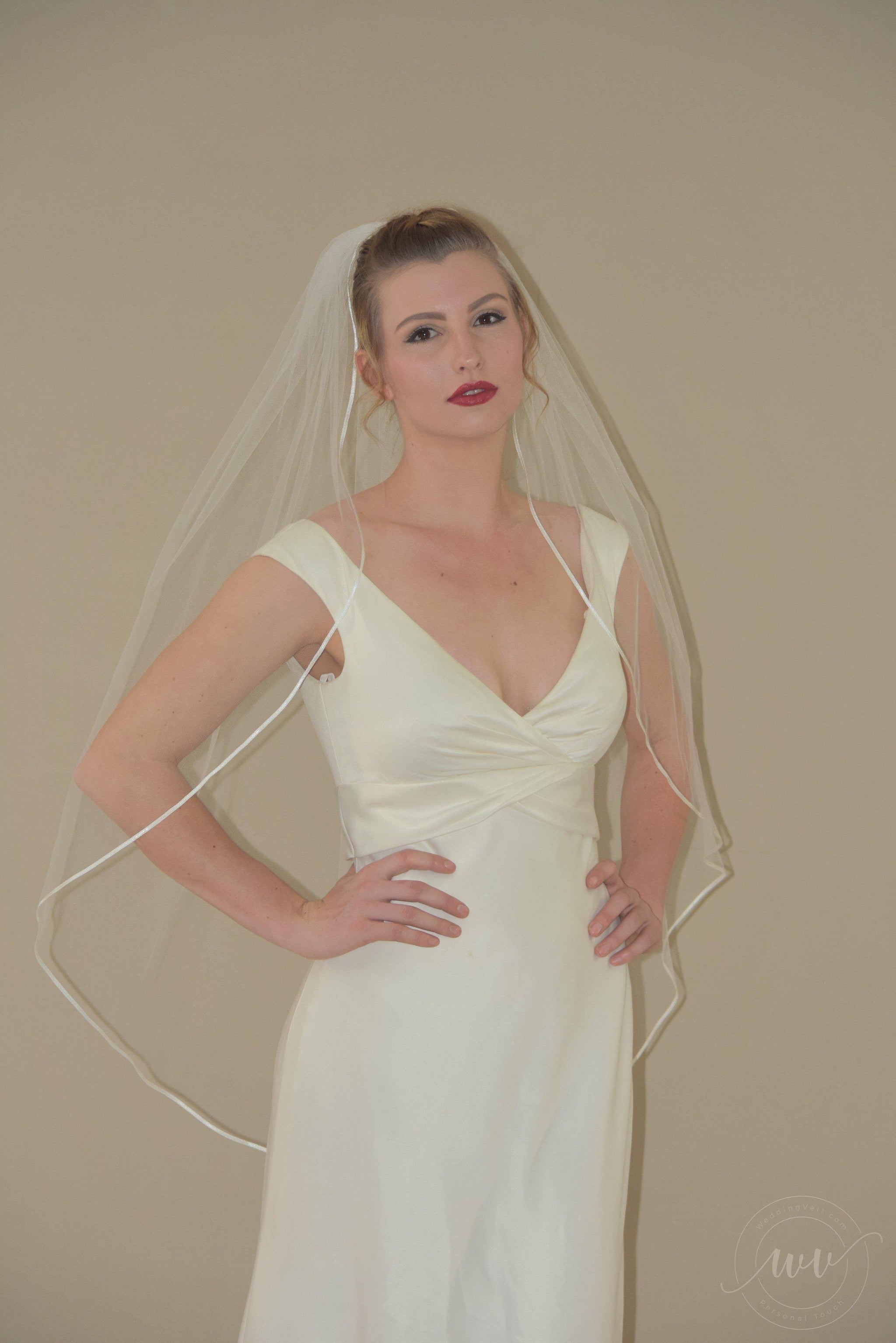 Vail - Off White, silky ribbon at the edge Full Volume Cathedral Veil with Thin Satin Ribbon Edge  main image 3