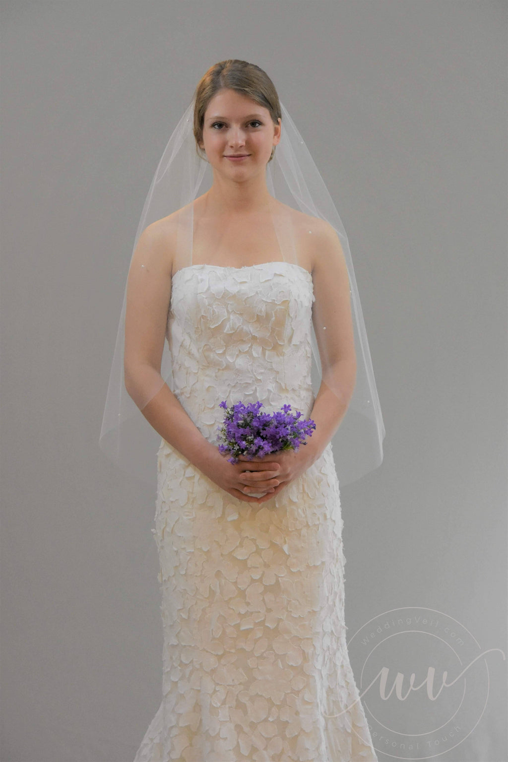 Sheer Hip Length Veil with Pearls - WeddingVeil.com
