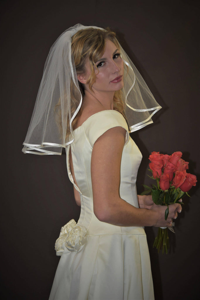 Vintage-inspired Short Wedding Veil with 1/4" Satin Edge - WeddingVeil.com