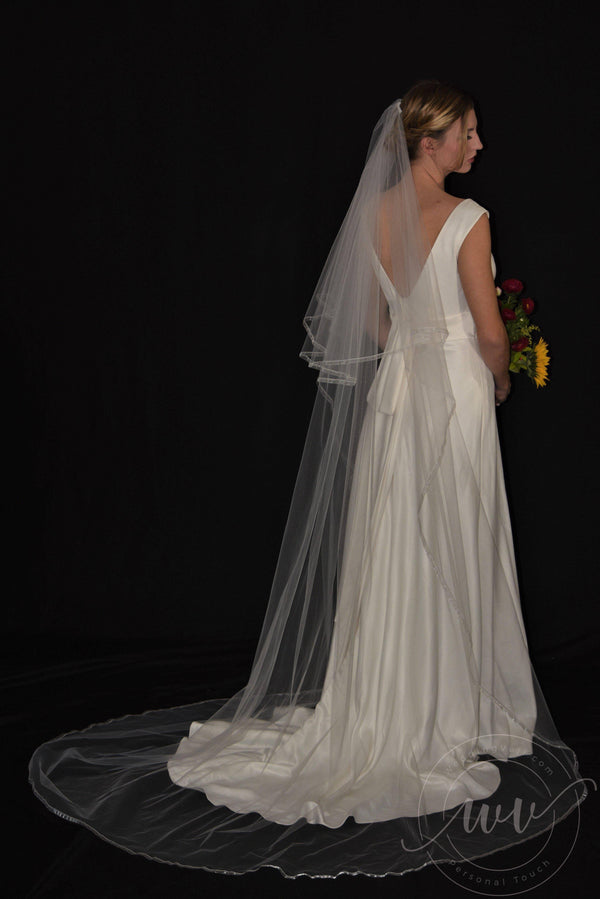 Two Tier Cathedral Length Veil with 1/4" Organza Ribbon Trim - WeddingVeil.com