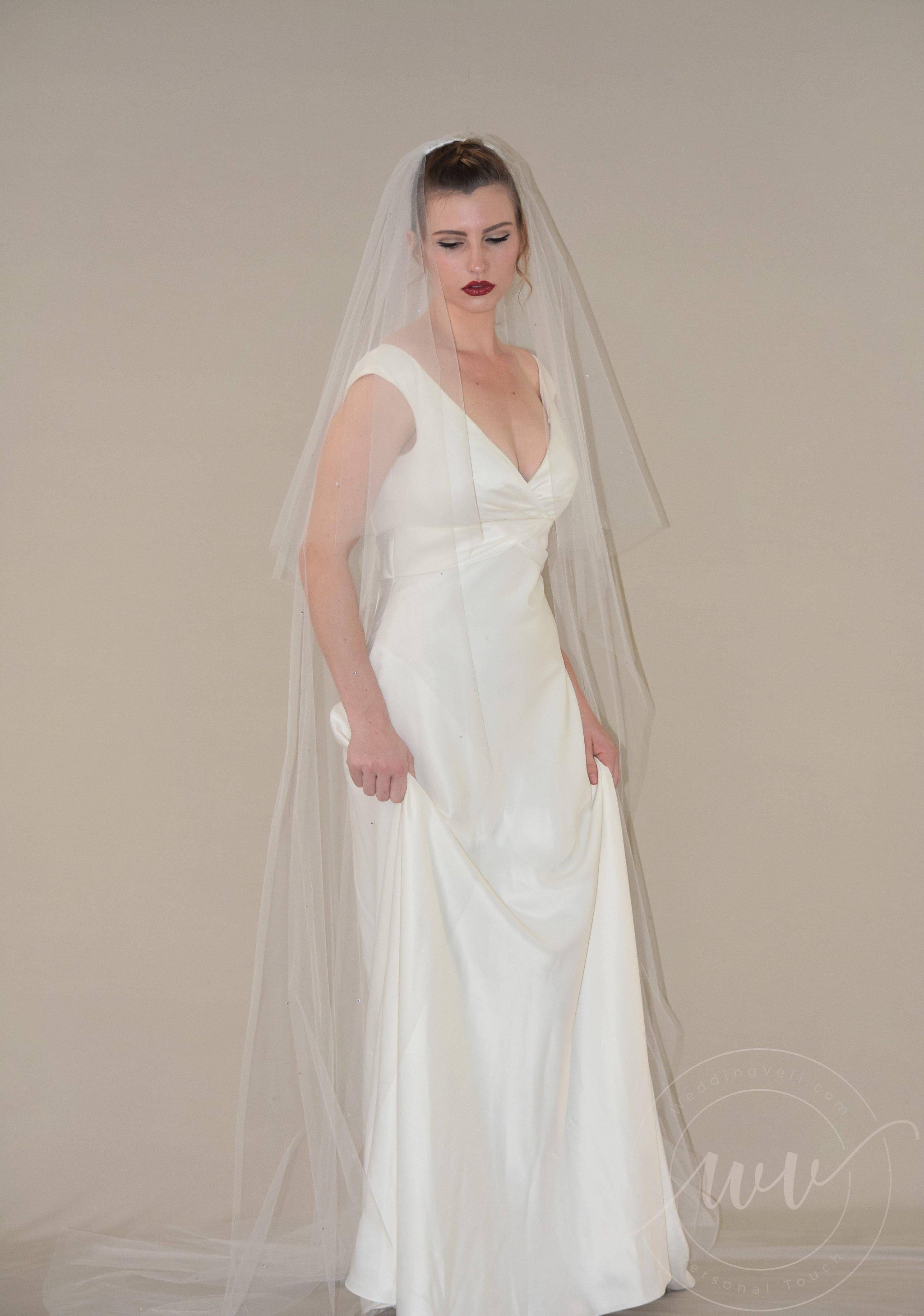 Two-Tier Cathedral Veil with Crystals (with Comb) Crystal chapel wedding veil by twigs and honey - Crystal  main image 3