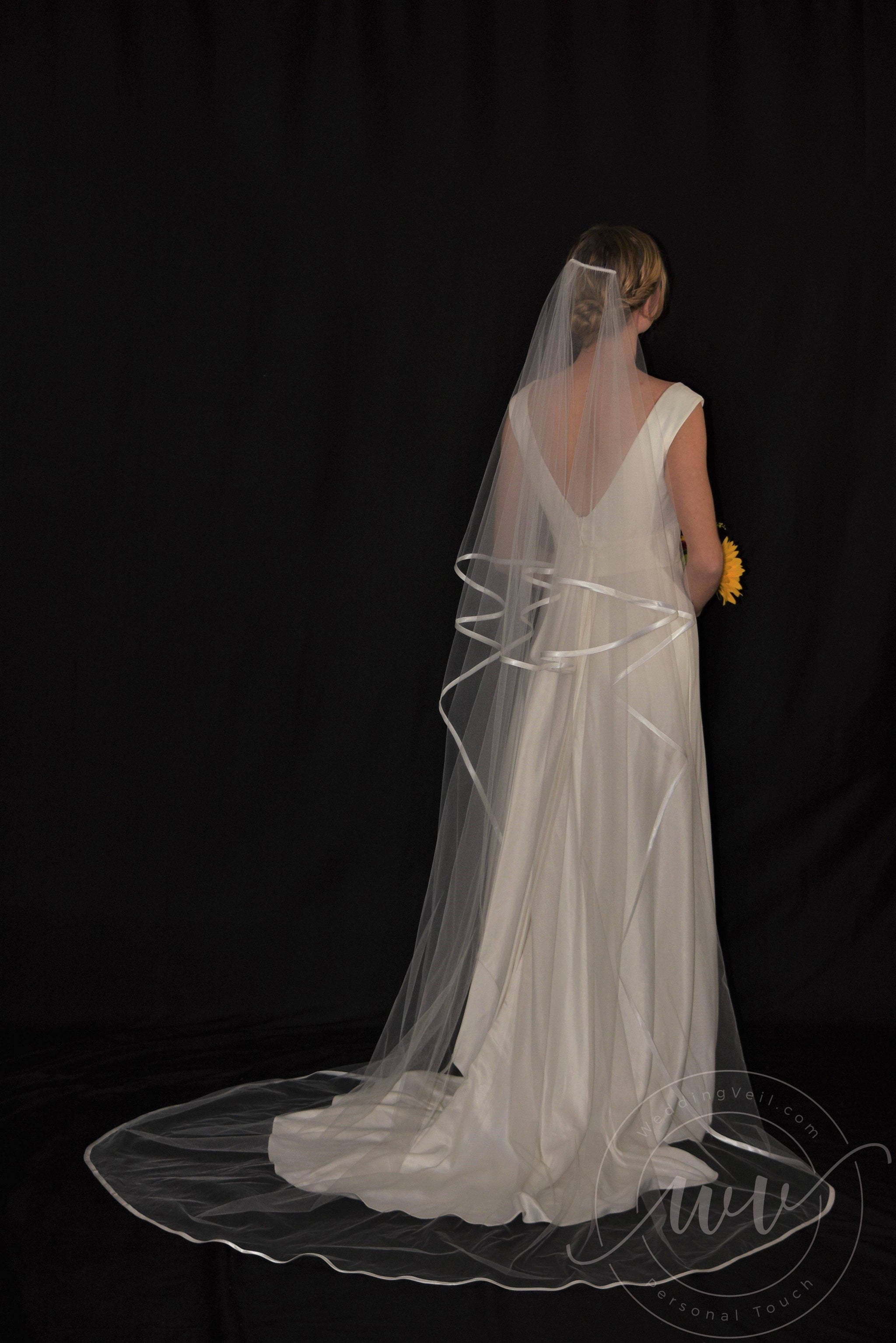 ??2 Tiers Cathedral Bridal Ribbon Veil. Cathedral Length Satin Ribbon Two Tiered Wholesale Long Drop  main image 3