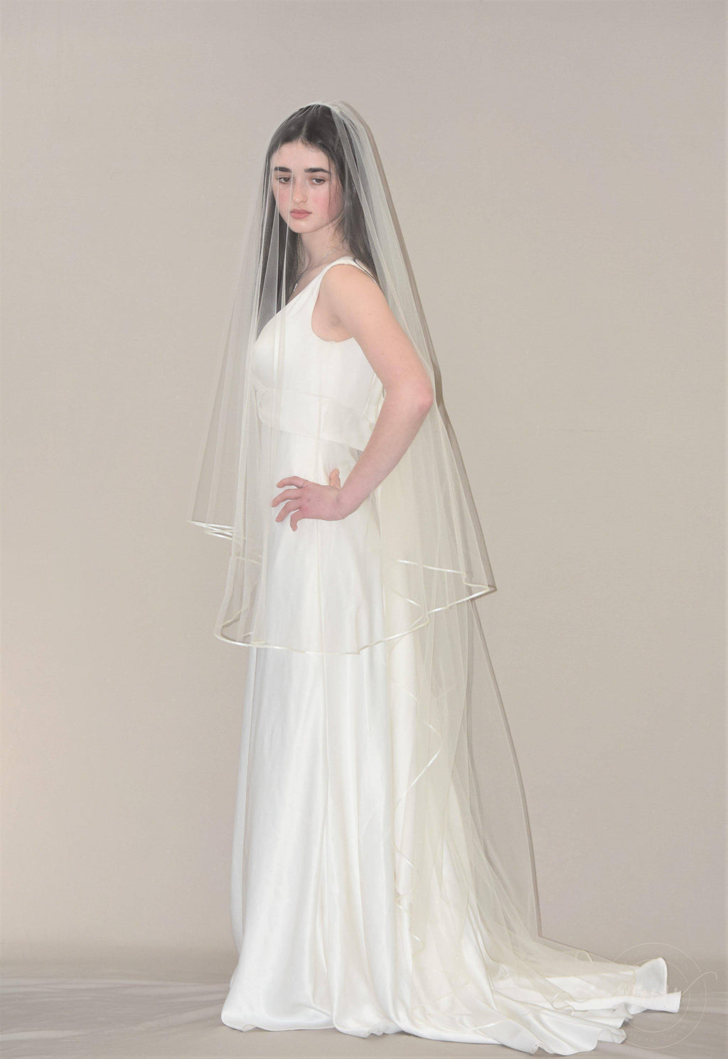 Two Tier Fingertip Floor Length Cascading Veil with Blusher - WeddingVeil.com