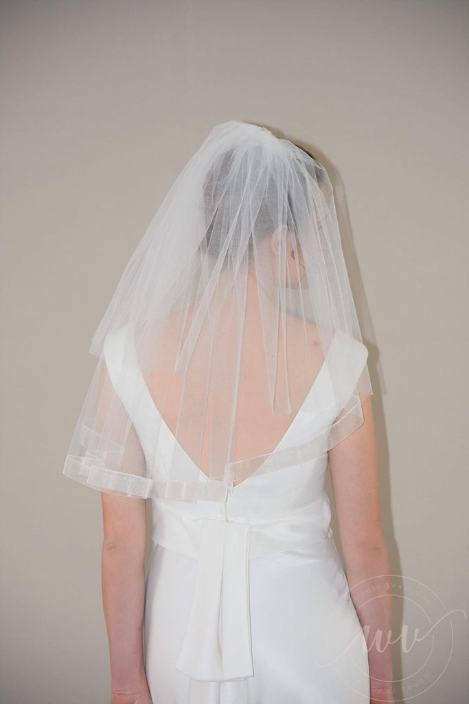 Two Tier Short Wedding Veil with Organza Ribbon Edge - WeddingVeil.com