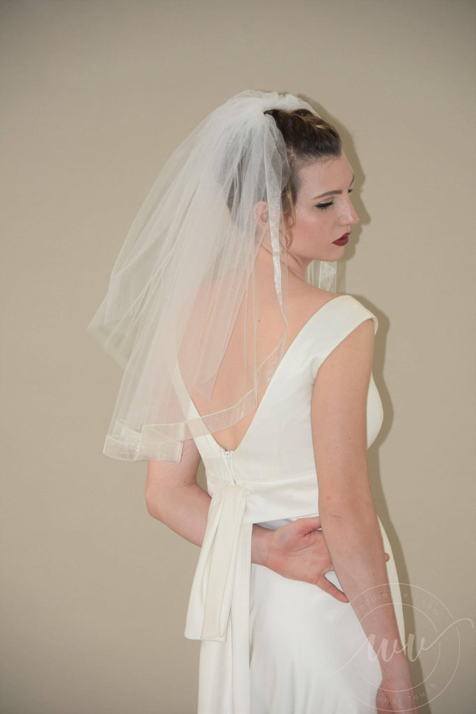 Two Tier Short Wedding Veil with Organza Ribbon Edge - WeddingVeil.com