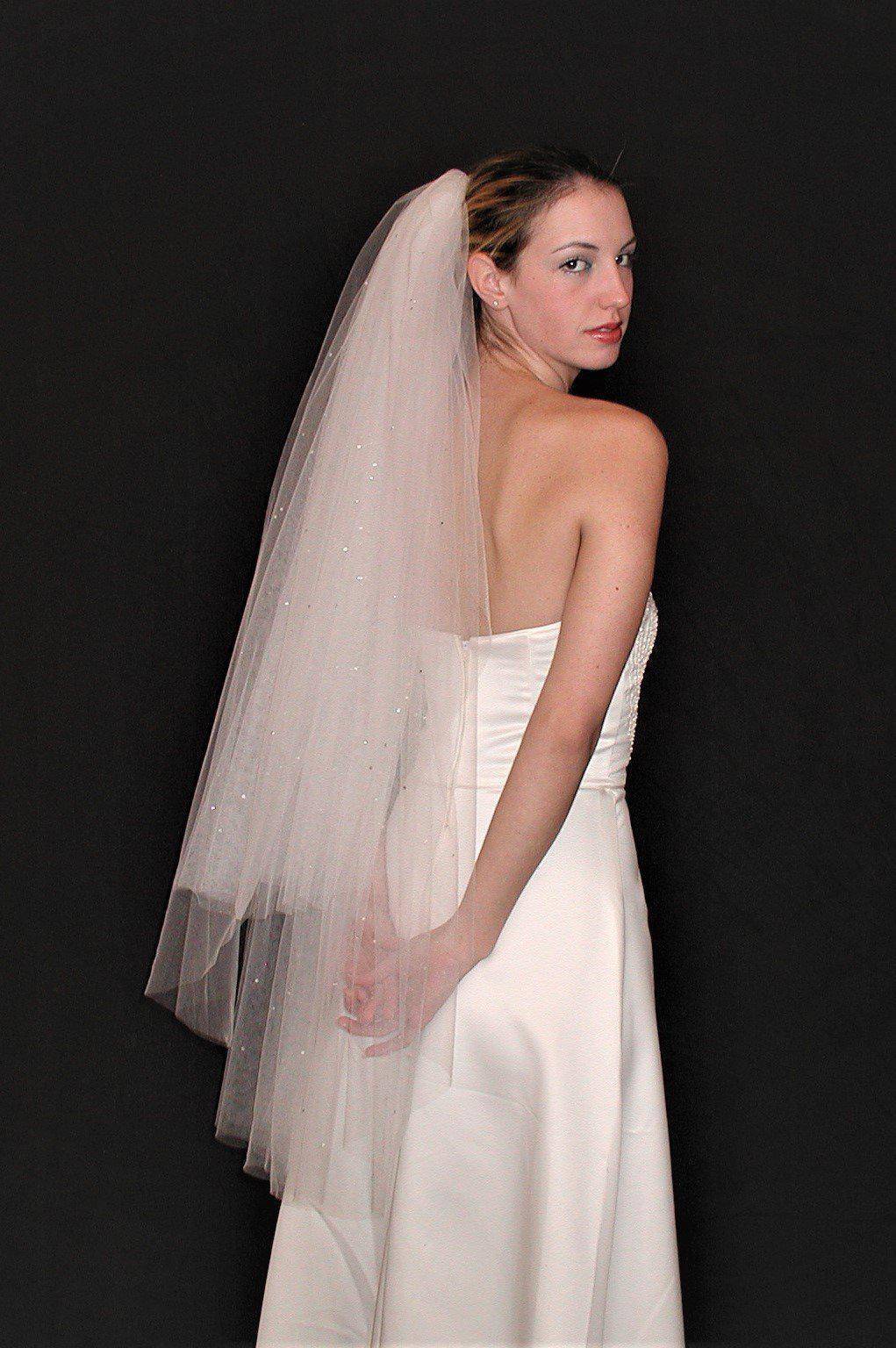 Two-tier 34"/42" Swarovski Crystals Scattered Wedding Veil with Raw Cut Edge - WeddingVeil.com