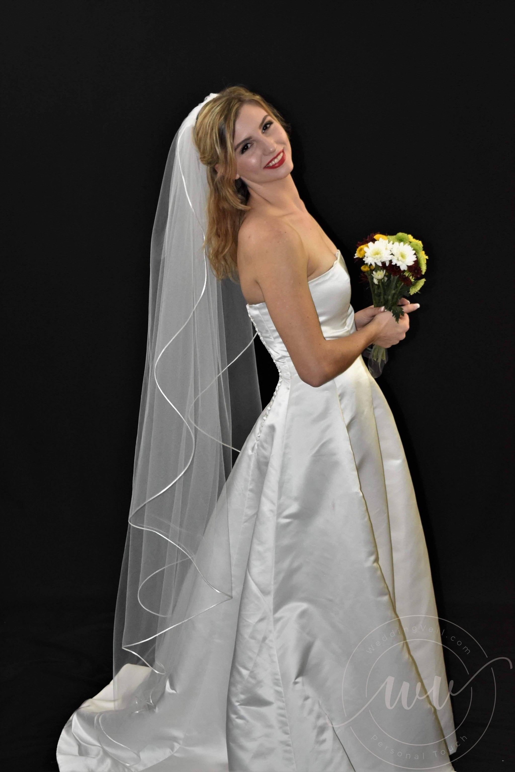 Waltz Length Cascading Veil with Satin Cord Edge