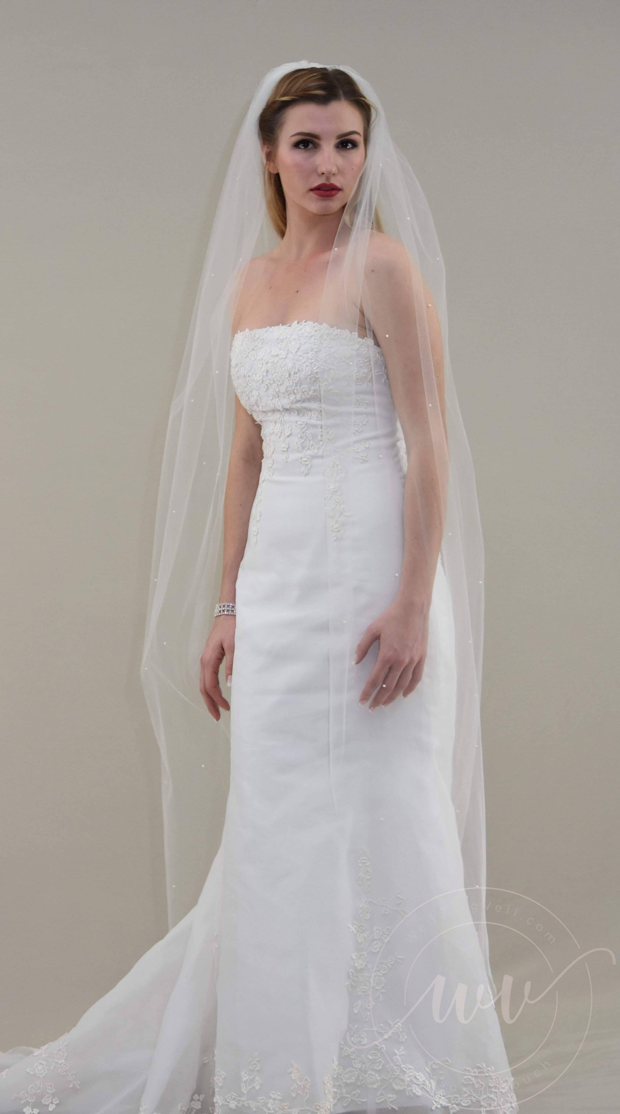 Elegant Pearl-Embellished Cathedral Veil 200 Inches Pearl Embellished Chapel Length Veil | WeddingVeil.com main image 2